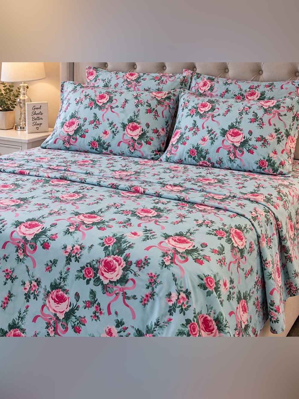 Jessica Simpson Pastel Blue Queen Sheet Set with Pink Rose Print